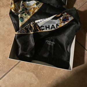 CHANEL Black and Gold Silk Scarf with Jewel Accents